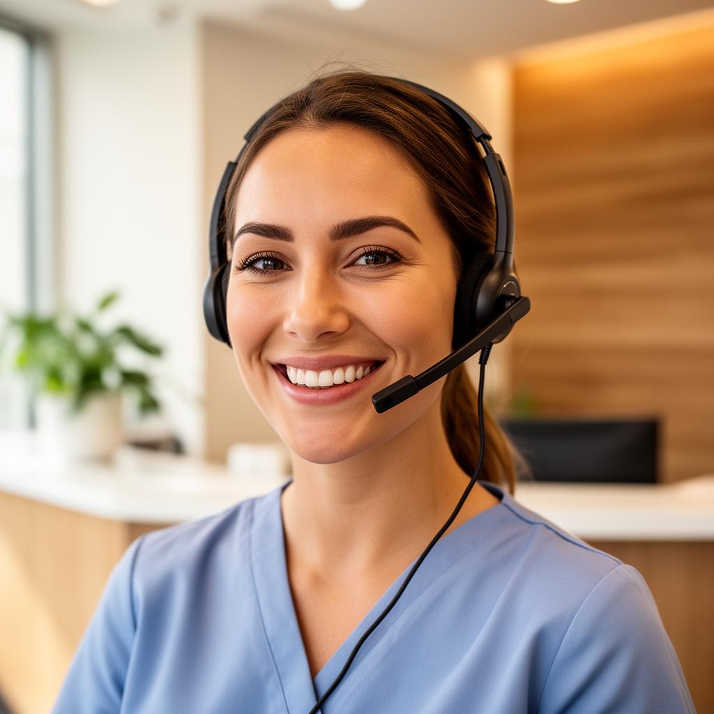 Front-desk receptionist on a call, supported by OneClickAi