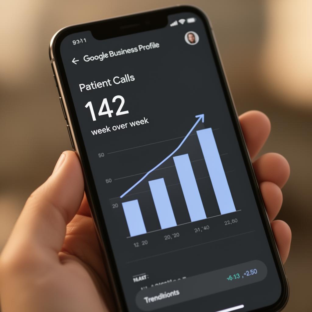 Google Business Profile insights showing 142 patient calls trending up week over week