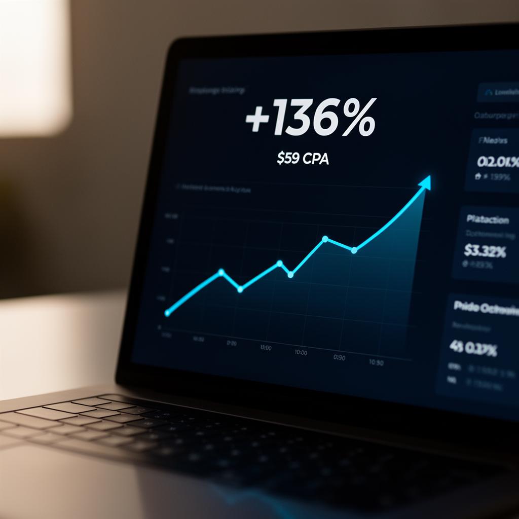 Analytics dashboard showing organic traffic up 136% and CPA at $59