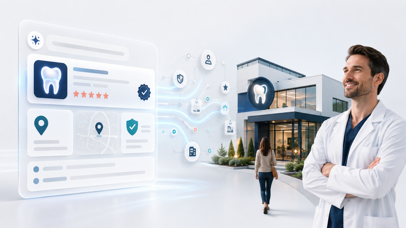 A dental practice and dentist connected to an AI search recommendation interface through structured data and local authority signals.